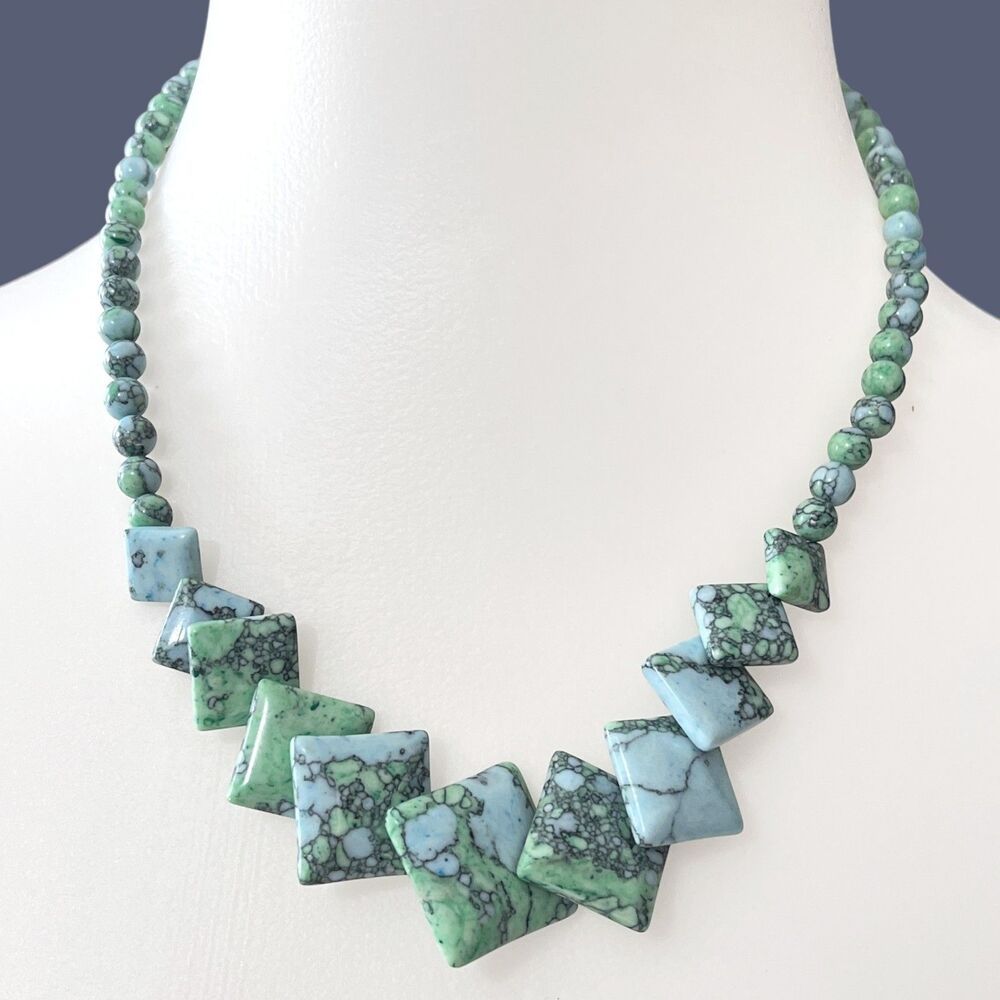 Blue Green Dyed Gemstone Bib Necklace Graduated Square Beaded 18" Boho Southwest